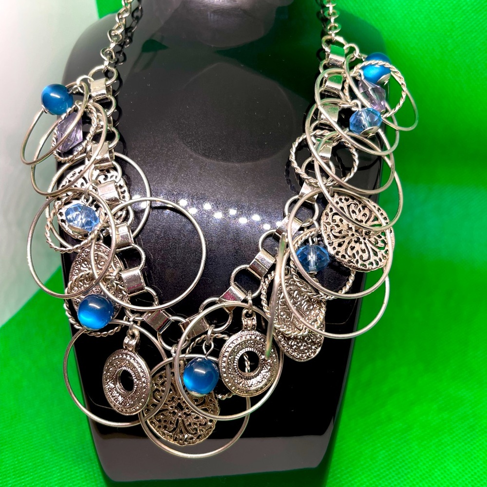 Silver and blue necklace.
